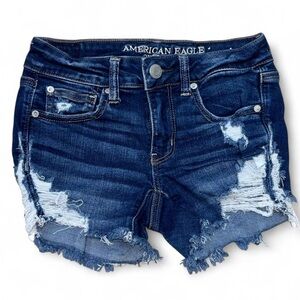 American Eagle Dark Wash Distressed Denim MIDI Short